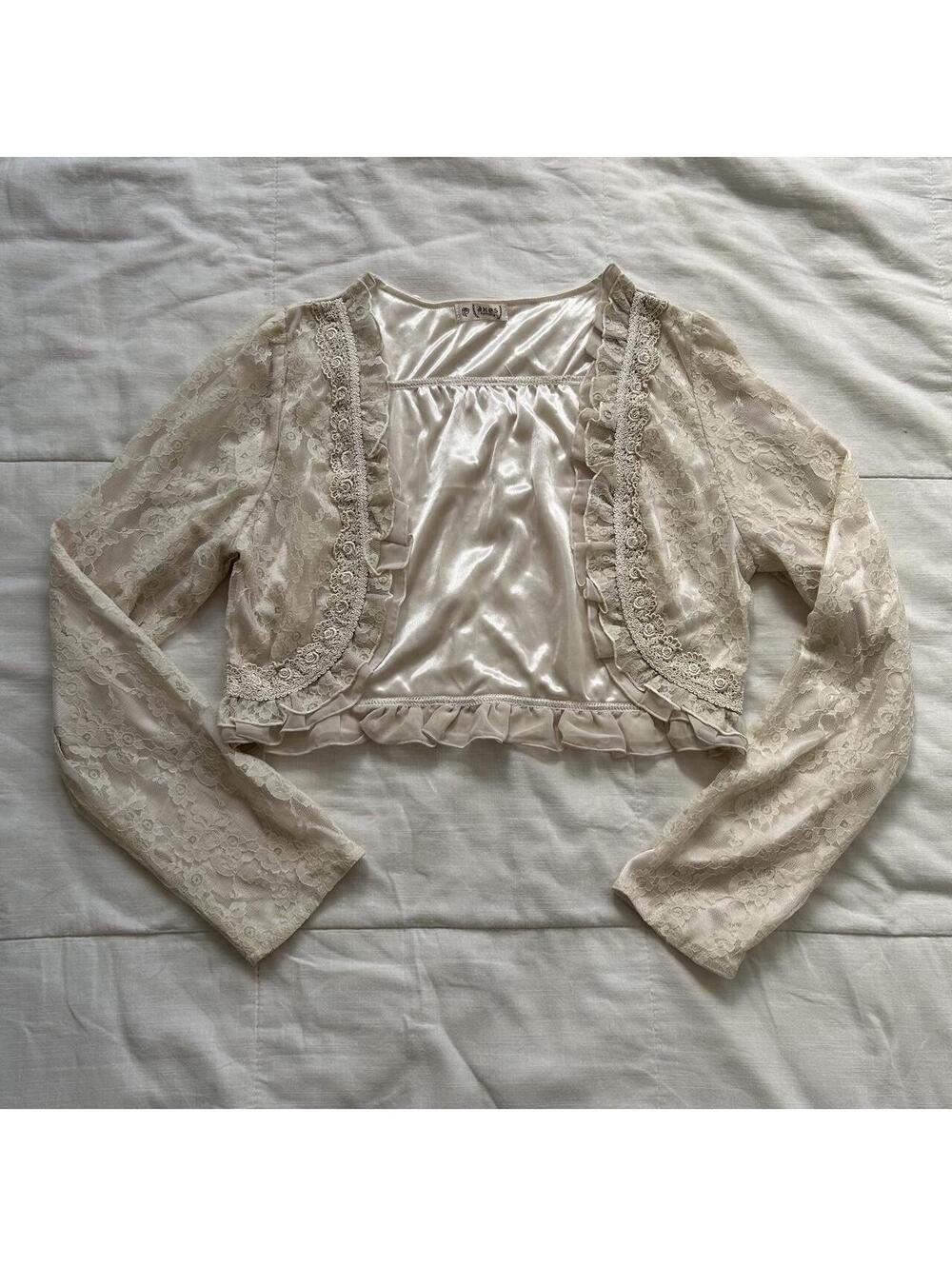 Axes Femme Ivory Floral Lace Crochet Trim Cropped Bolero M Japan